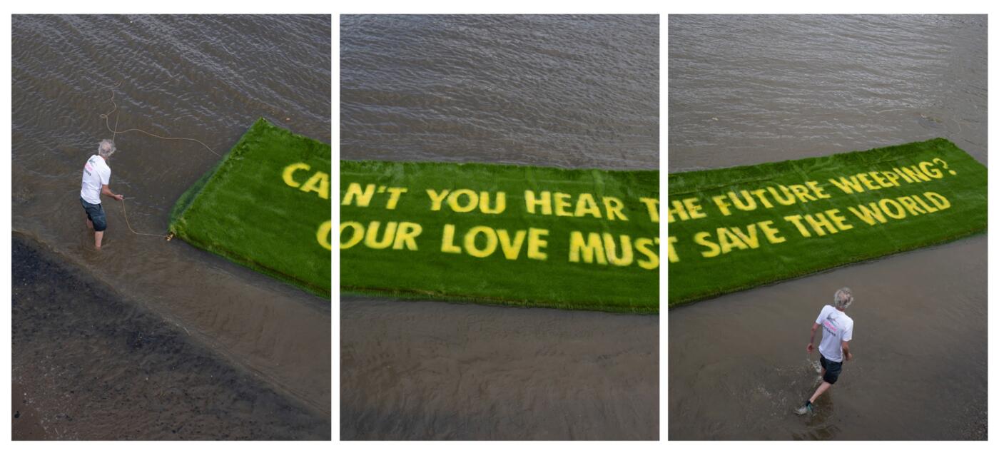 large-scale grass artwork featuring the text Can't you hear the future weeping?