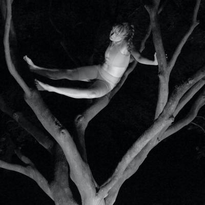 performer balanced in a tree trunk