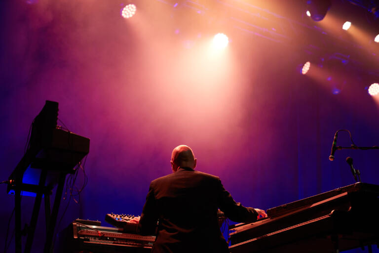 A musician is pictured on stage from behind, with stage lights pointing toward them