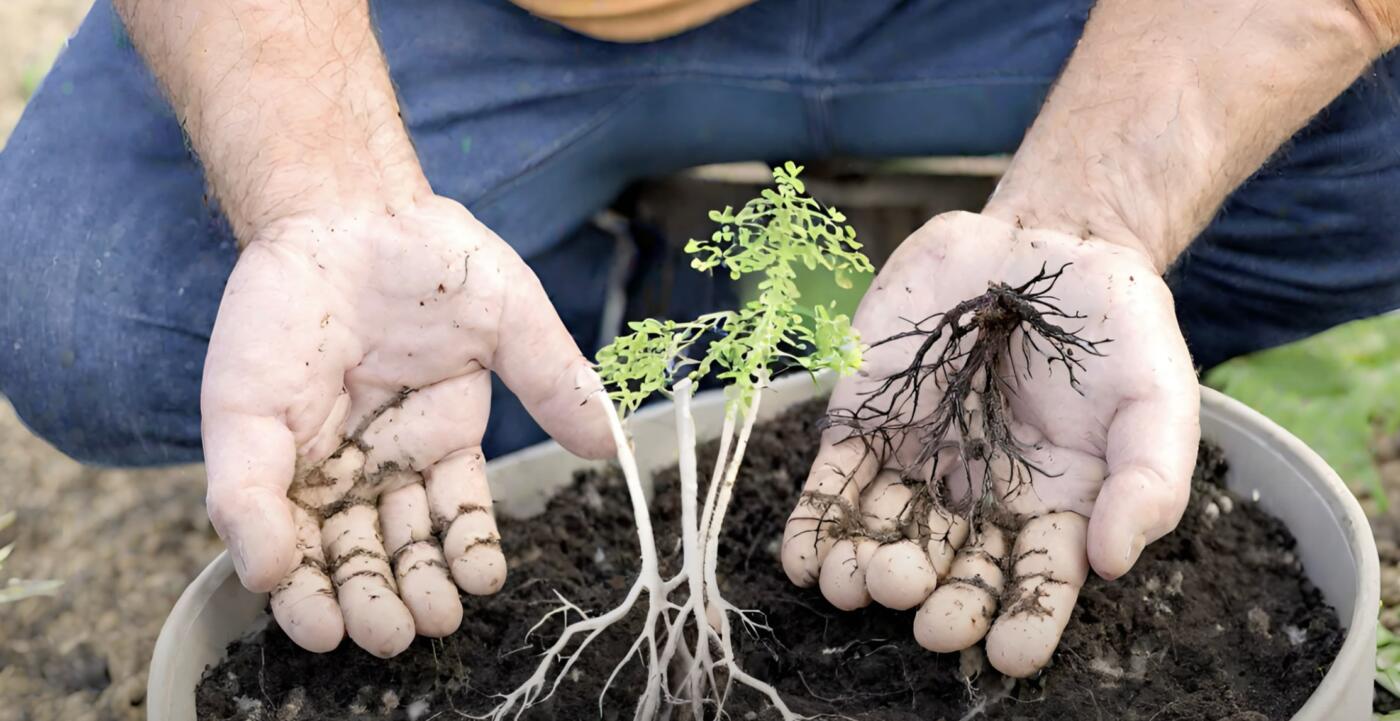 A pair of open palm hands photographed over a large pot with a seedling growing. One hadn holds soil, the other holds dried roots of a plant.